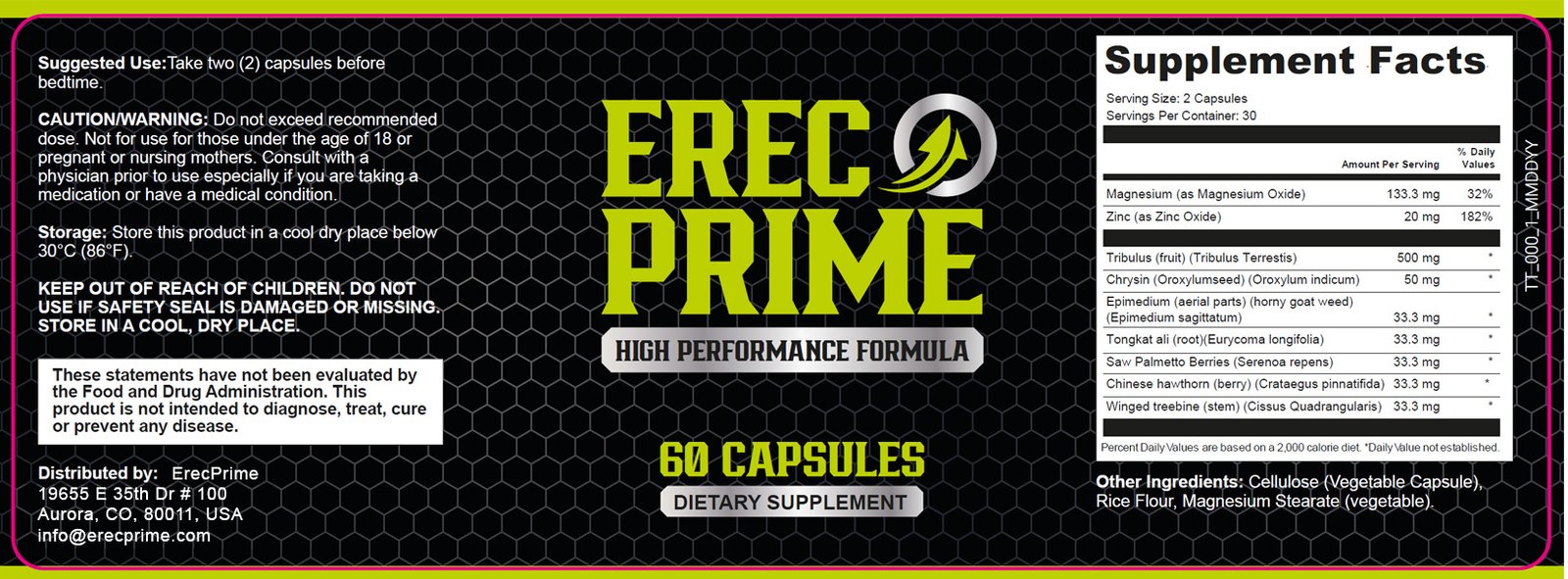 ingredients label of ErecPrime