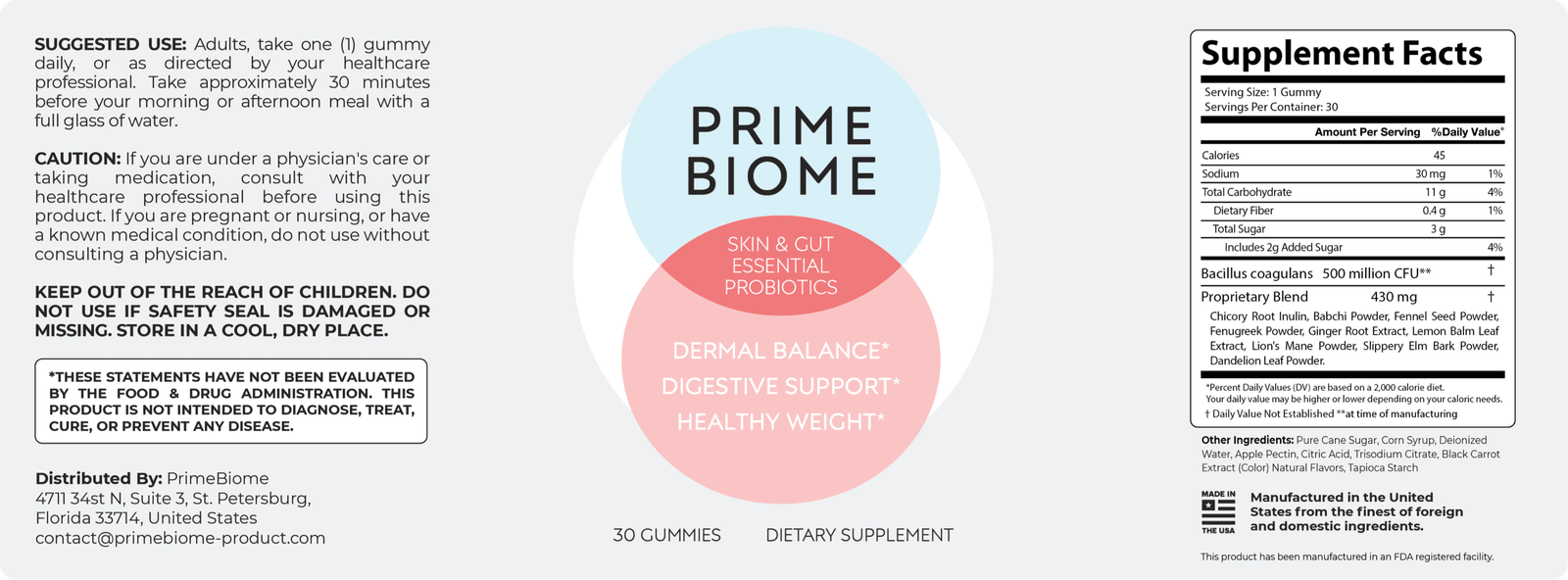 PrimeBiome Supplement Label