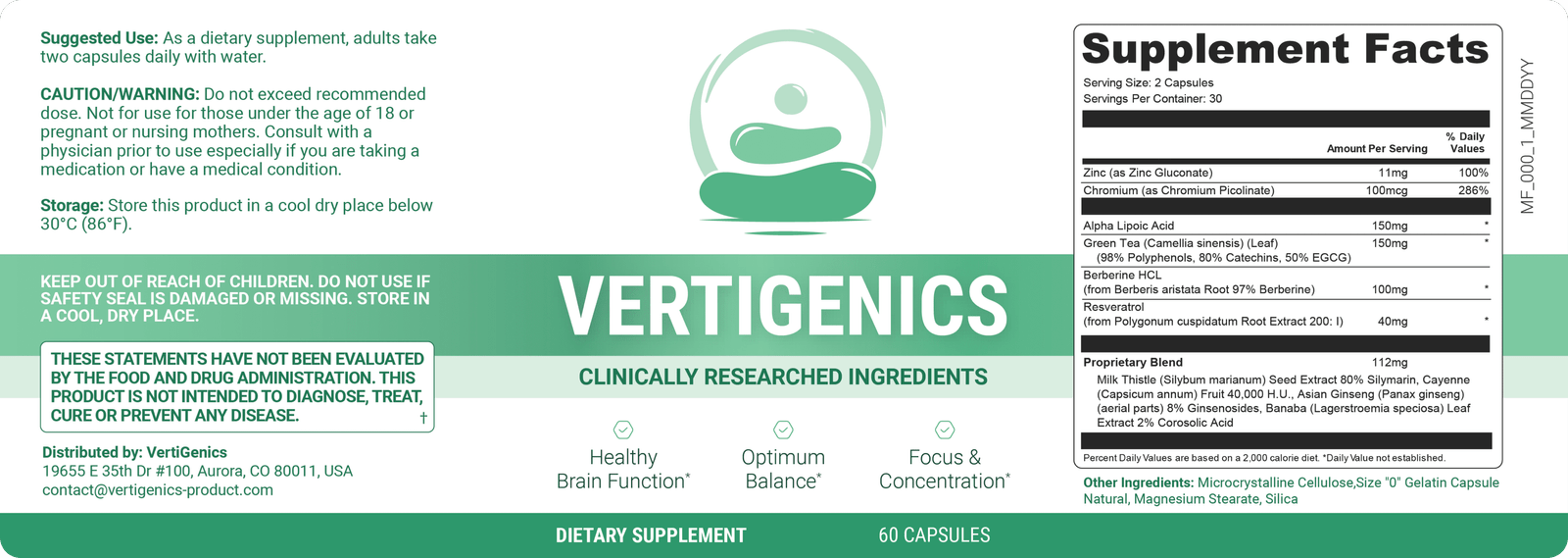 vertigenics supplement Label